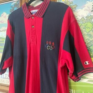 Vintage Champion USA Olympics Polo Shirt Red Navy | Olympic Rings | Size L